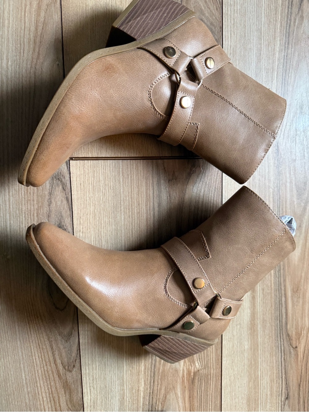 Women's Tan Western-Inspired Ankle Booties with Harness Detail